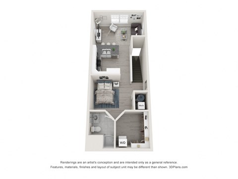 a stylized floor plan of a 1 bedroom floor plan